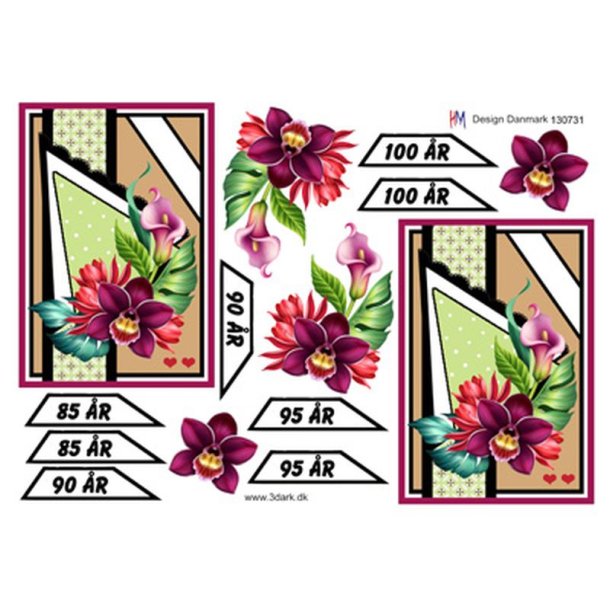 3D ark Fdselsdagskort 85 - 100r rde blomster M9