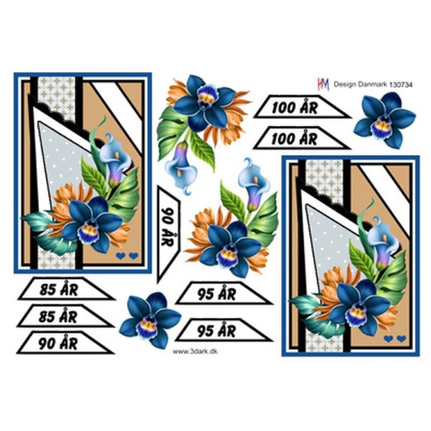 3D ark Fdselsdagskort 85 - 100r bl blomster M9