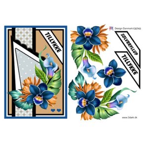 3D ark Stor slvbryllupskort bl blomster M17
