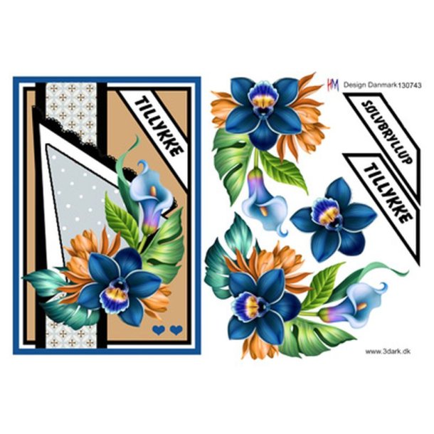 3D ark Stor slvbryllupskort bl blomster M17