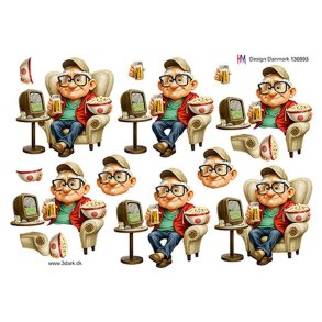 3D ark �ldre mand i stol med �l og popcorn HM design M50