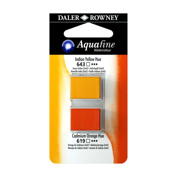 Aquafine Watercolour 1/2 pans - Indian Yellow Hue - Cadmium Orange Hue - Daler Rowney