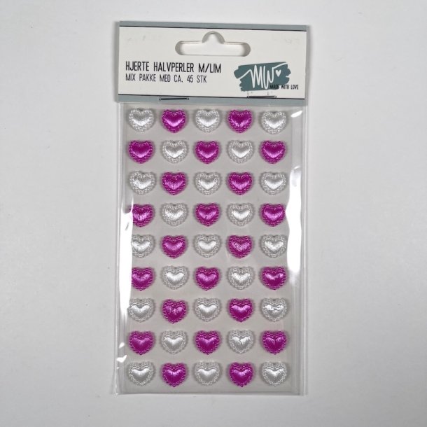 Halvperle selvkl�b. hjerte i pink &amp; hvid Made with Love