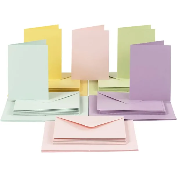 Kort og kuverter, kort str. 10,5x15 cm, kuvert str. 11,5x16,5 cm, 110+220 g, pastelfarver, 50 st/ 