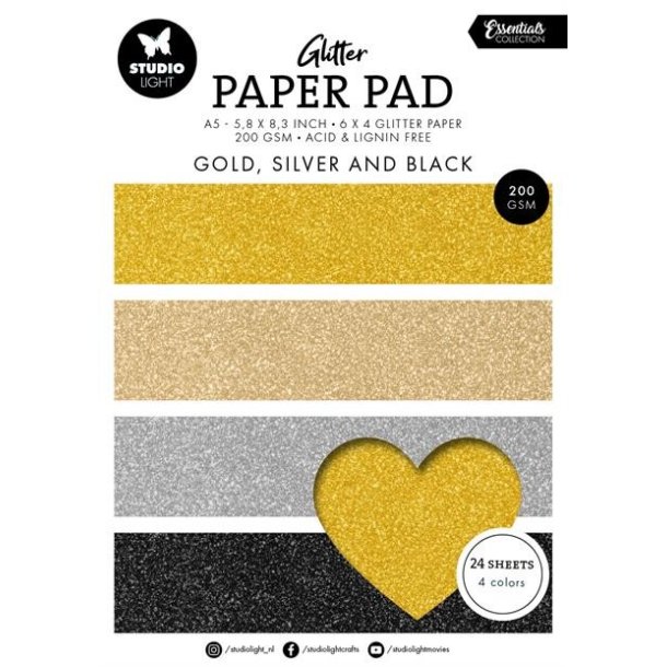 Papirblok Glitter - Gold, Silver and Black A5 PP209 Studio Light