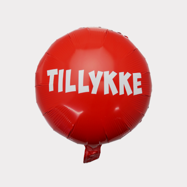 Folieballon, tillykke 35cm rd, hvid incl. pusterr