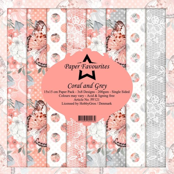 LS BESKRIVELSE Paper Favourites Paper Pack Coral and Grey PF121 15x15cm 24ark BESTILLINGSVARE