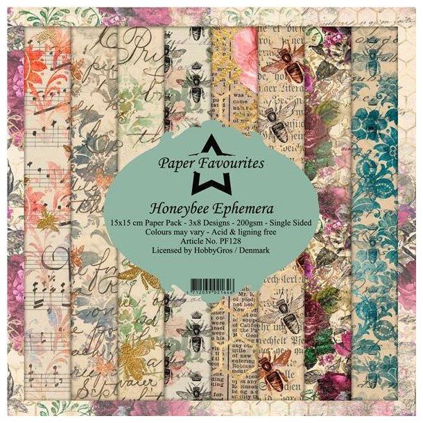 LS BESKRIVELSE Paper Favourites Paper Pack Honeybee Ephemera PF128 15x15cm 24ark BESTILLINGSVARE