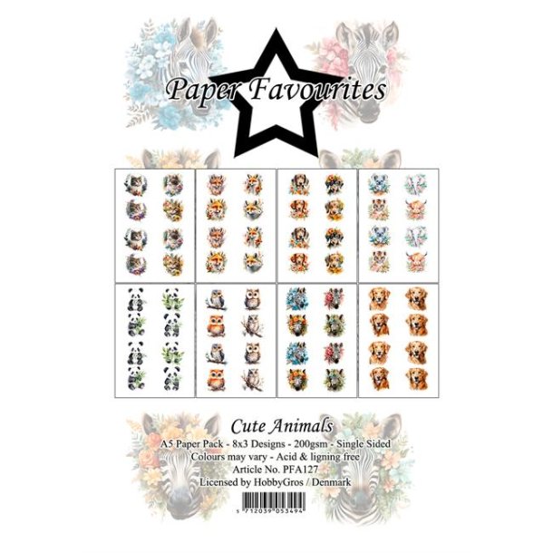 LS BESKRIVELSE Paper Favourites Paper Pack Cute Animals PFA127 A5 24ark BESTILLINGSVARE