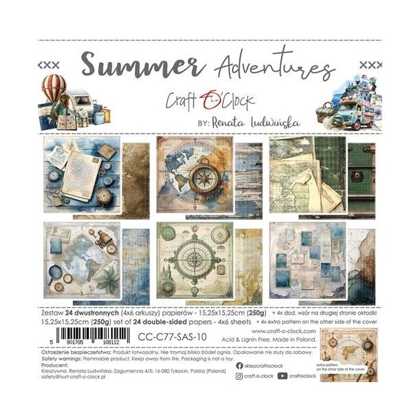 Craft O'clock paper 15,25x15,25cm - 24 dobbeltsidet ark, 6 designs - 250g
