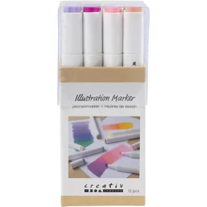 Illustration Marker 12 Stk. Streg 1+8 mm, Pastelfarver