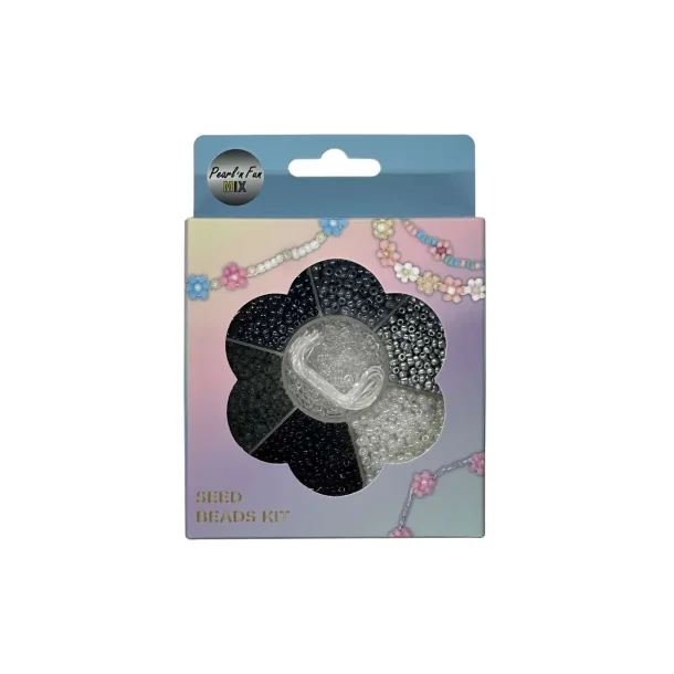 Pearl n Fun Glasperlemix 90g sort/gr/hvid+elastik 