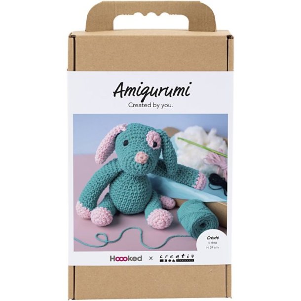 DIY Kit Amigurumi Hundehvalp, pastelpink, m�rk turkis