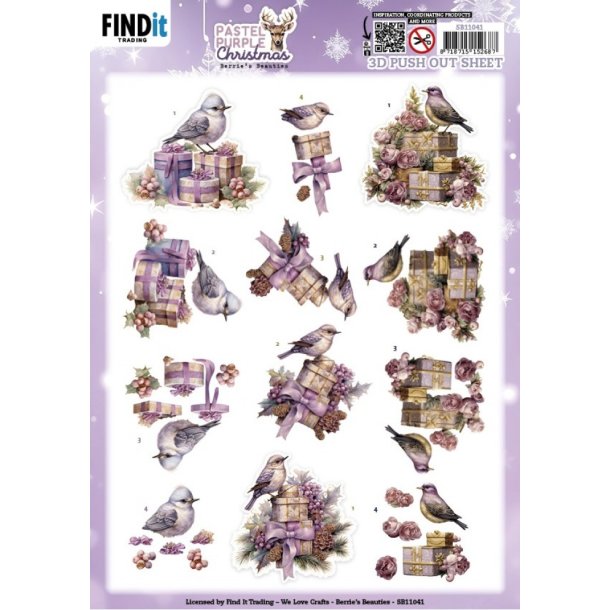 3D udstanset ark Pastel Purple Christmas - Birds