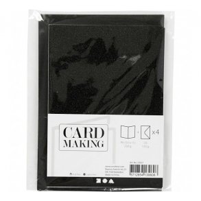 Kort og kuverter sort glitter, 4 s�t. kort str. 10,5x15cm