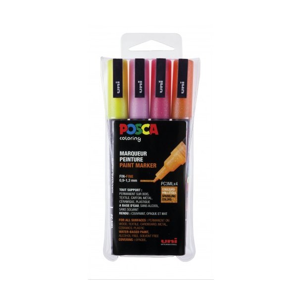 Posca tuscher 4stk glitter (rdlige) fine 0,9-1,3mm