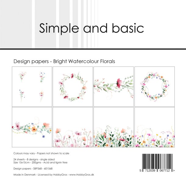 Papirblok SBP568 Bright watercolour Florals 15x15cm simple and basic