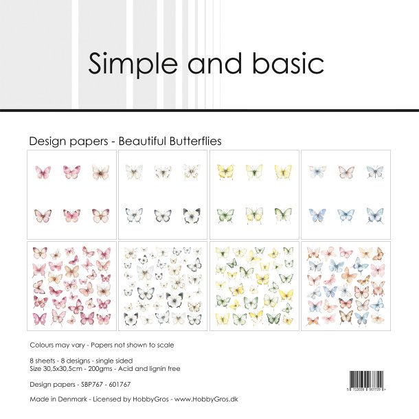 L�S BESKRIVELSE Papirblok Simple and Basic Beautiful Butterflies SBP767 30,5x30,5cm BESTILLINGSVARE