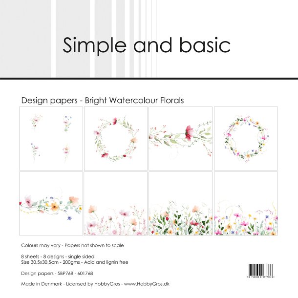 L�S BESKRIVELSE Papirblok Simple and Basic Bright Watercolour Florals SBP768 30,5x30,5cm BESTILLINGSVARE